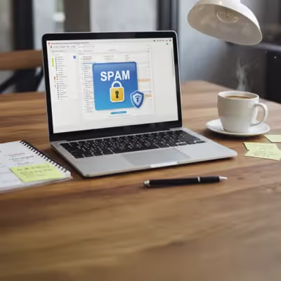 Aviso de bloqueio de spam exibido no monitor.