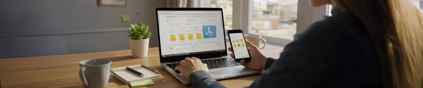 Pessoa acessando Google Drive no laptop e celular para recuperar fotos na nuvem.