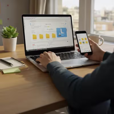 Tela de laptop e smartphone exibindo pastas e arquivos do Google Drive em ambiente de trabalho.