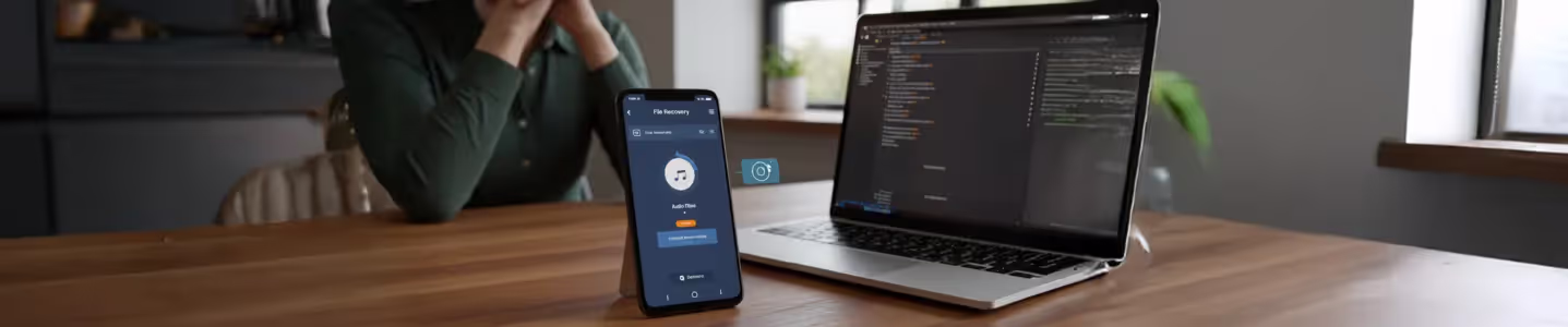 Smartphone exibindo app de recuperação de áudio ao lado de um laptop com código aberto na tela.