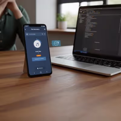 Pessoa observando um celular com app de recuperação de arquivos de áudio, próximo a um laptop.