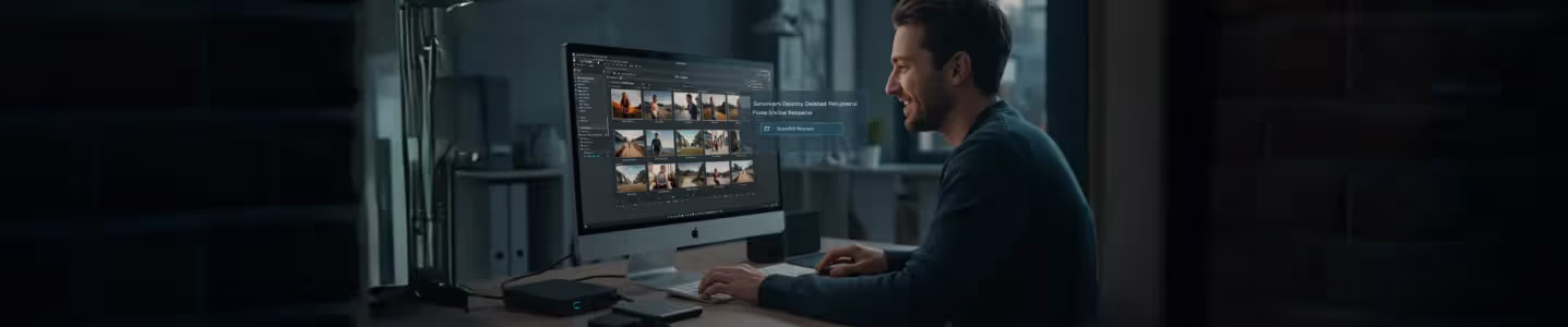 Homem sorrindo enquanto recupera fotos deletadas em um software de recuperação no computador.