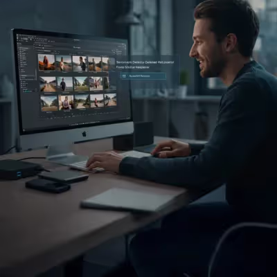 Tela de computador exibindo imagens restauradas, com usuário satisfeito ao recuperar arquivos apagados.