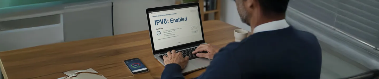 Homem configura rede IPv6 ativada no laptop com app móvel ao lado