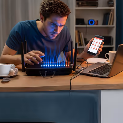 Usuário checando roteador e celular com alerta vermelho.