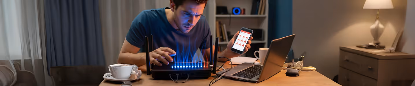 Homem preocupado verificando roteador com problemas.