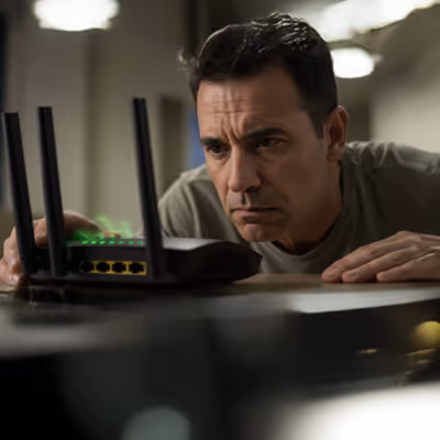 Homem debruçado sobre a mesa examinando sinal do roteador.