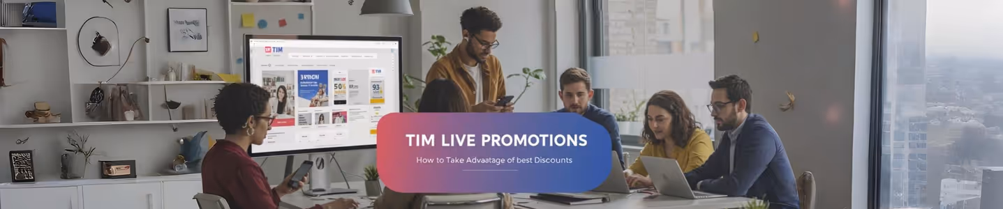 Grupo de pessoas discutindo promoções da TIM Live com computadores e smartphones.