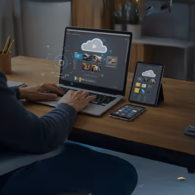 Homem acessa arquivos na nuvem em vários dispositivos