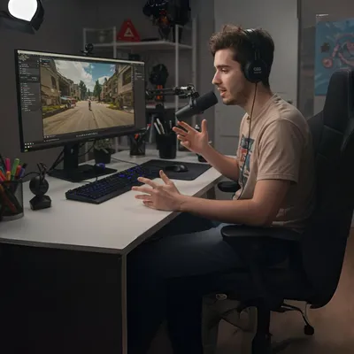 Pessoa jogando e falando no microfone com headset