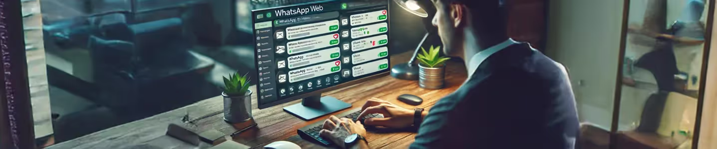Homem acessando WhatsApp Web no computador para enviar mensagens.