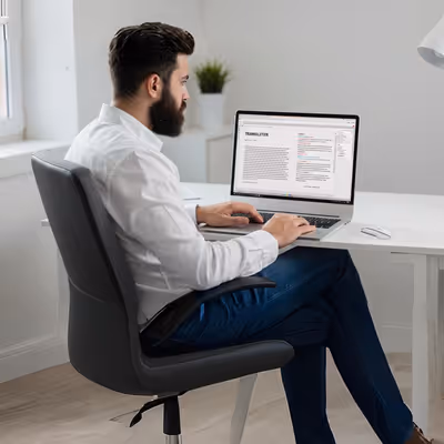 Profissional digitando tradução de documento em laptop