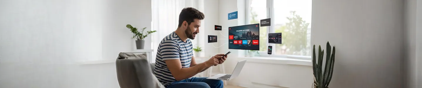 Homem gerencia contas de streaming usando celular e laptop