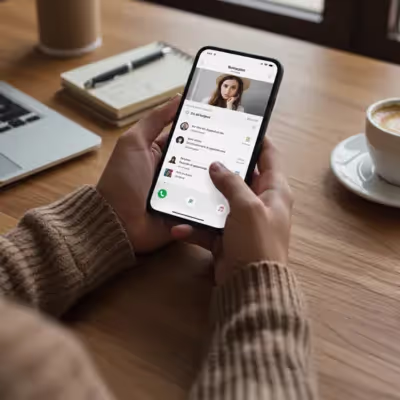 Mãos segurando celular com interface de rede social aberta. Ambiente de trabalho com laptop, caderno e xícara de café na mesa.