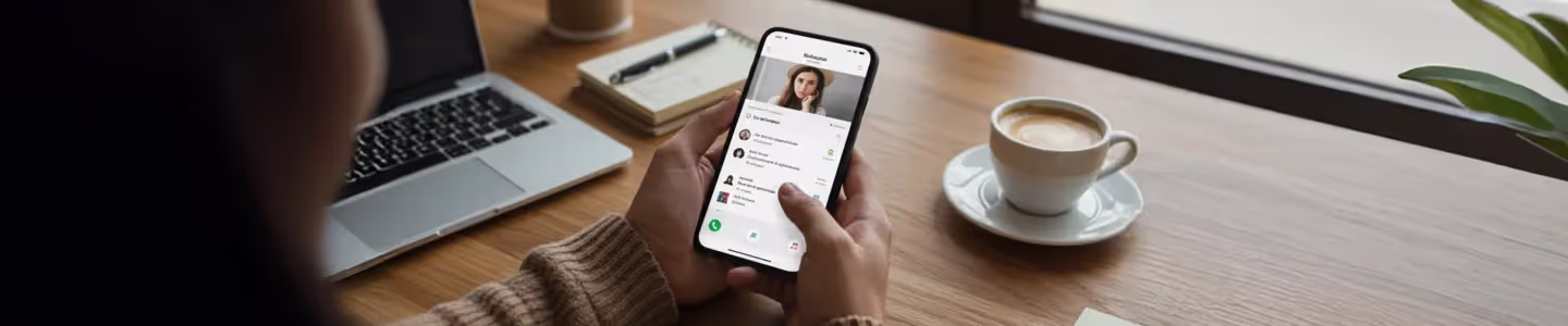 Pessoa segurando um smartphone exibindo a tela de um app de rede social, com histórico de navegação. Mesa com café e laptop ao fundo.