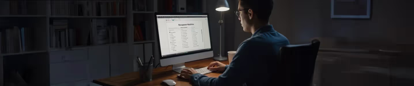 Homem no computador tentando recuperar histórico apagado, com tela exibindo 'Recuperar Histórico'.