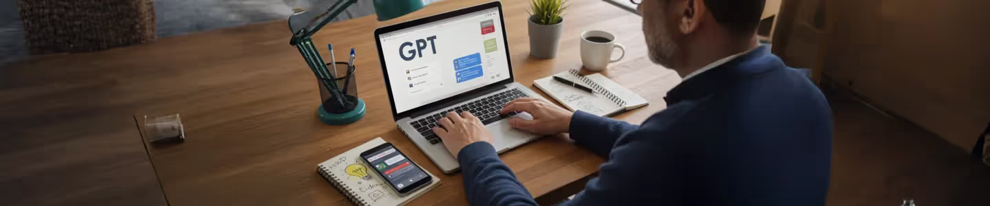 Homem adulto usa notebook com GPT na tela para criar respostas online.