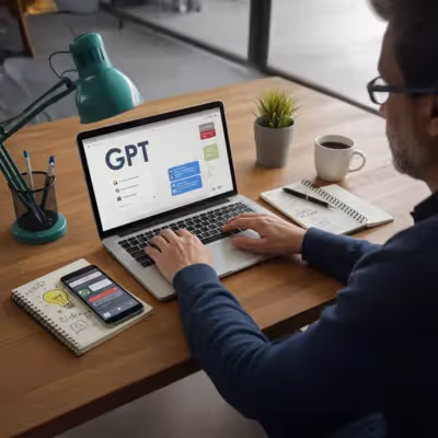 Adulto digita em laptop com ChatGPT aberto, criando textos para redes sociais.