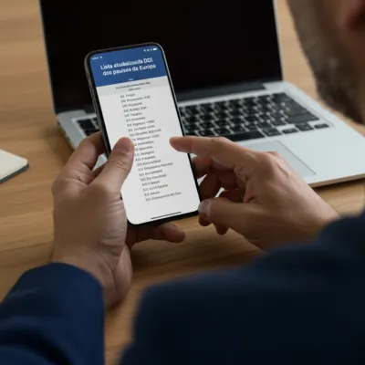 Homem verifica lista de DDI da Europa no celular com notebook ao fundo.