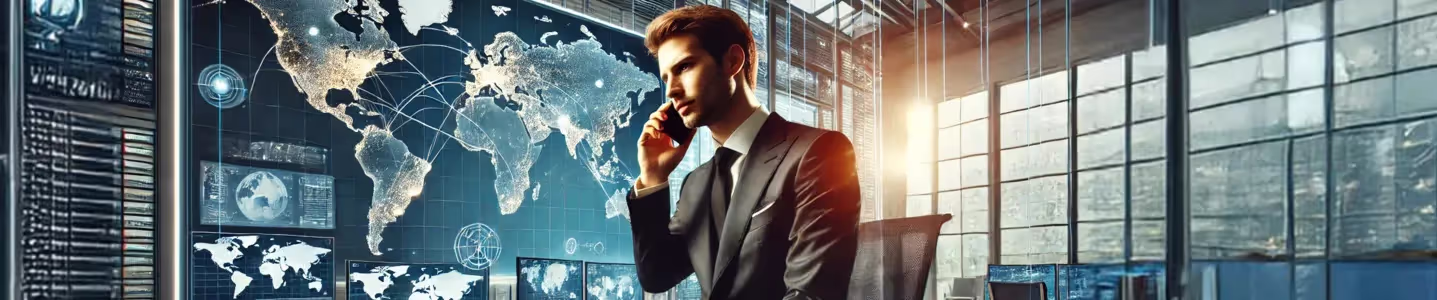 Empresário fazendo ligação internacional em escritório.