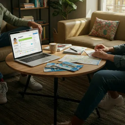 Casal adulto planeja viagem com mapas, guias e ChatGPT no laptop.