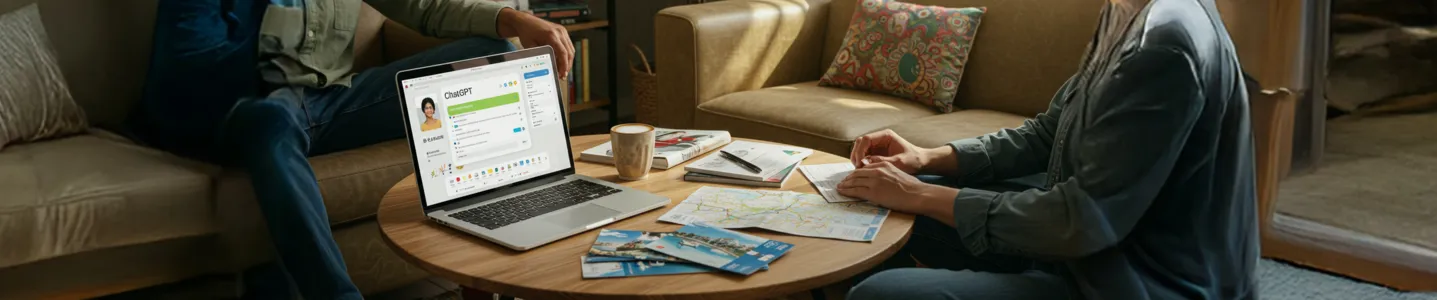 Adultos analisam roteiro de viagem usando ChatGPT em notebook.