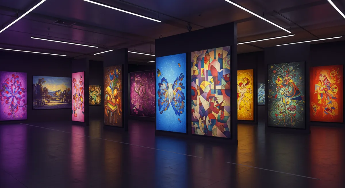 Exposição de arte digital com quadros coloridos em galeria.