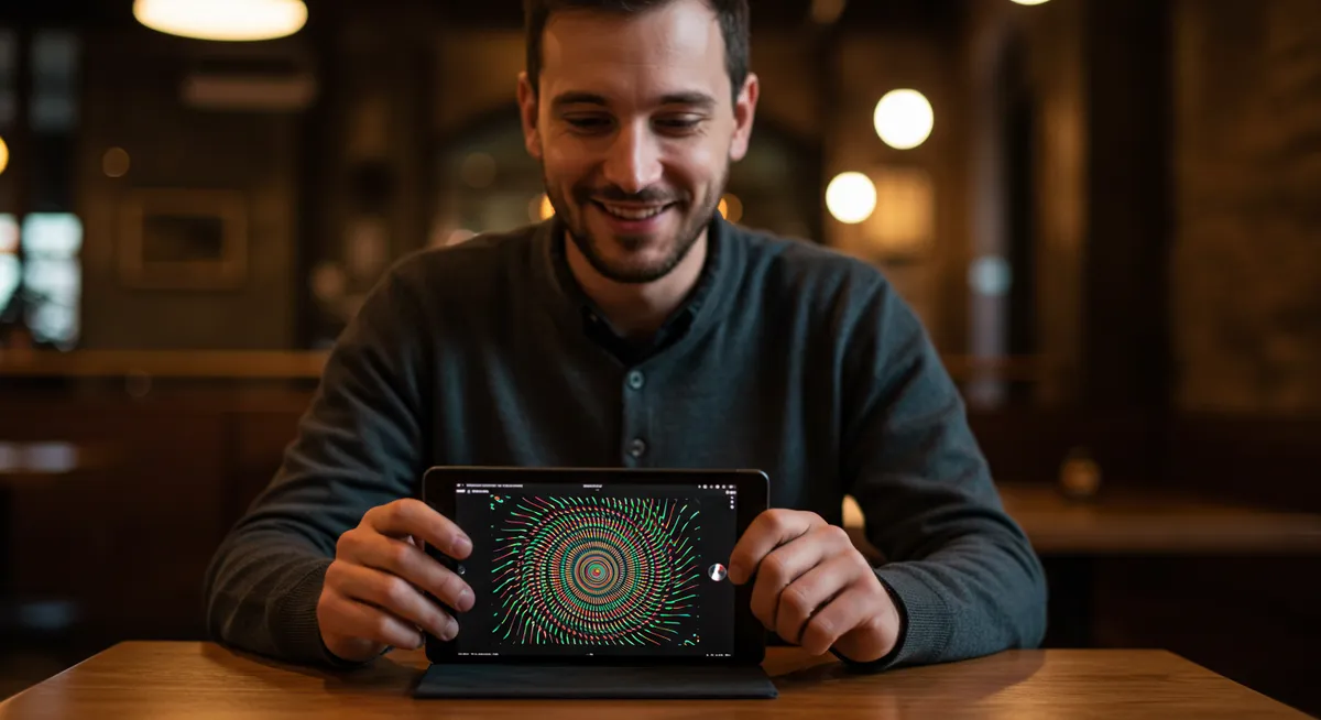 usuario-mostra-fractal-em-tablet-em-ambiente-de-cafe-no-cafe