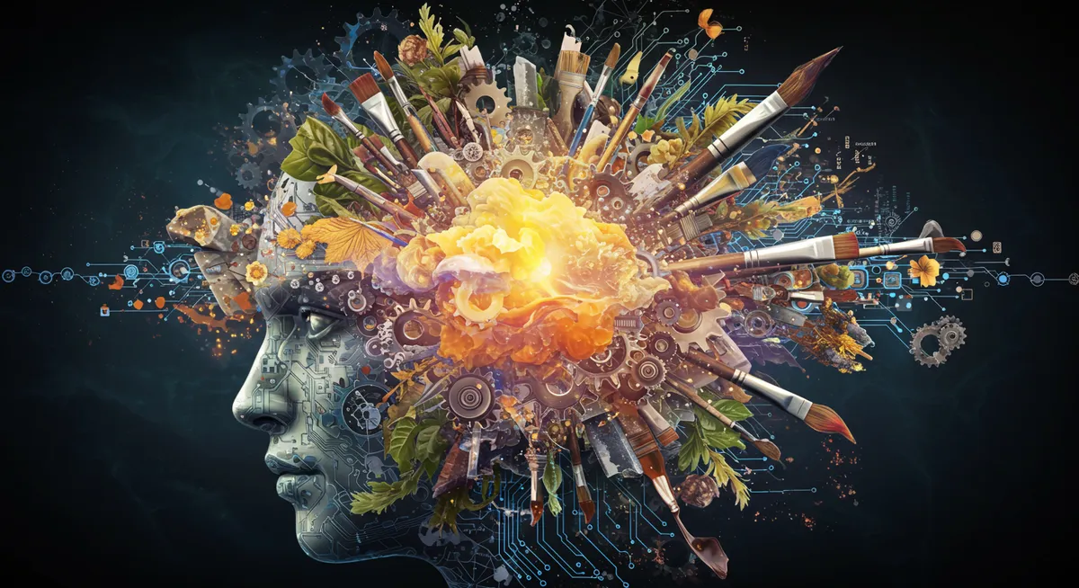 Cabeça de IA com pincéis, engrenagens e explosão de ideias.