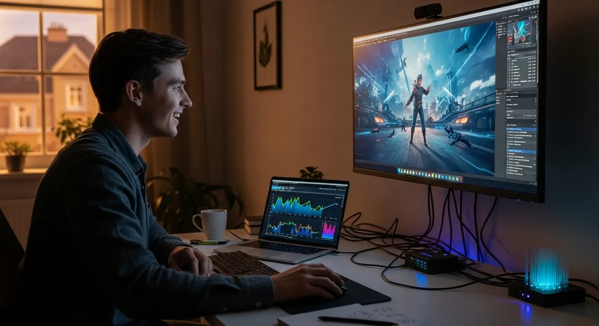 Pessoa criando animação digital em monitor grande com setup iluminado