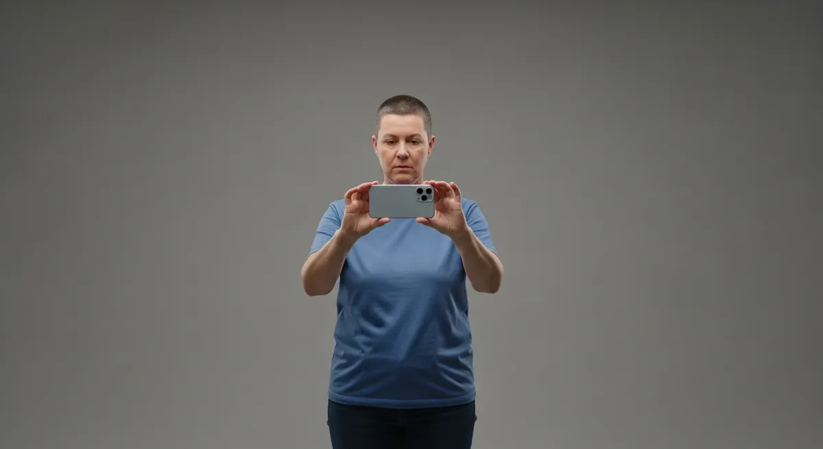 Pessoa segurando smartphone à frente para gravar vídeo em estúdio