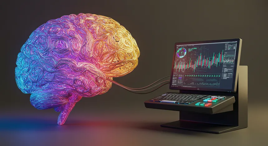 Cérebro conectado a computador com gráficos digitais