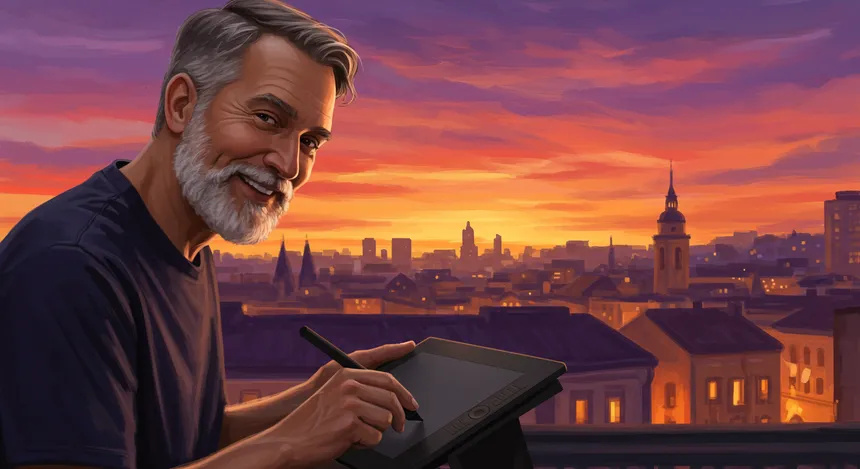 Artista digital sorrindo desenha em tablet ao pôr do sol