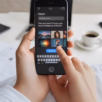 Tela de celular com DeepAI e exemplos de imagens geradas