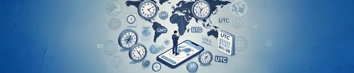 Relógio mundial exibindo fusos GMT e UTC.