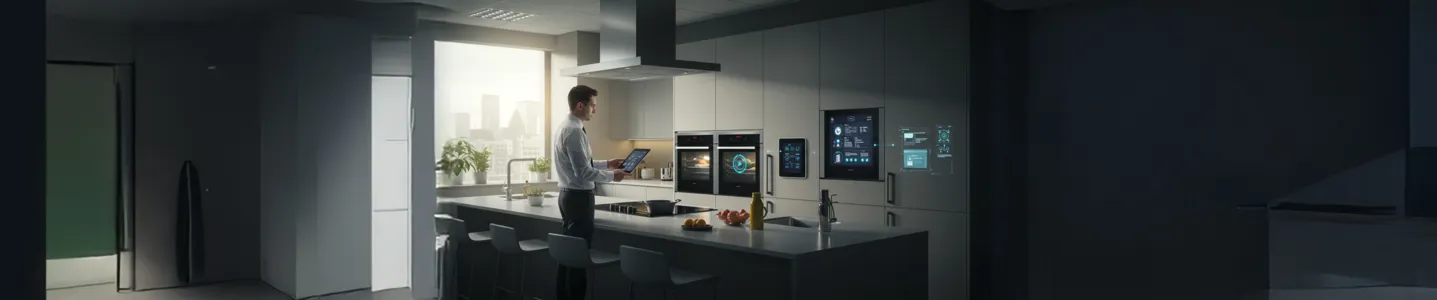 Person interacting with smart devices in a modern corporate kitchen.