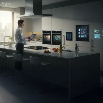 Person using smart kitchen devices and tablet for automation tasks.