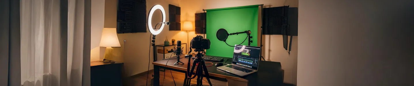 Estúdio caseiro com câmera, ring light e fundo verde