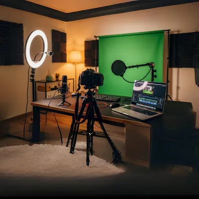 Setup de gravação com microfones, luz e chroma key