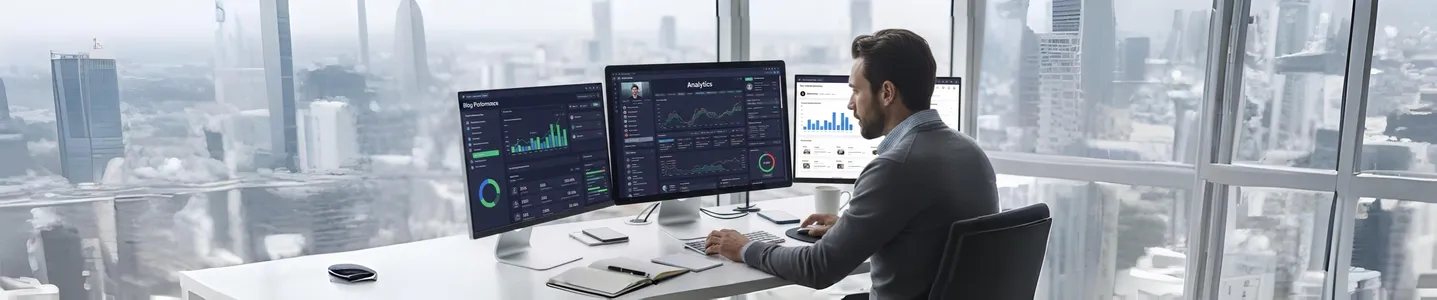 Homem analisa gráficos em três monitores de dados no escritório