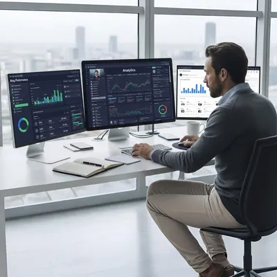 Profissional acompanha métricas digitais em monitores de análise