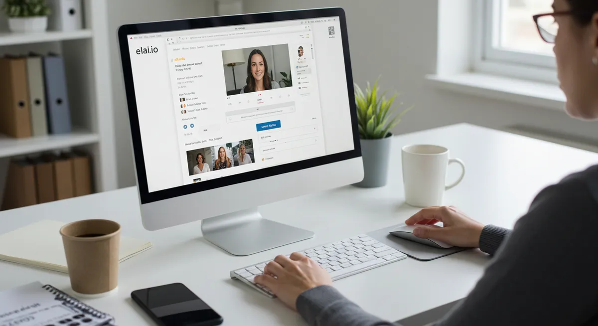Mulher usa computador para videoconferência no escritório.