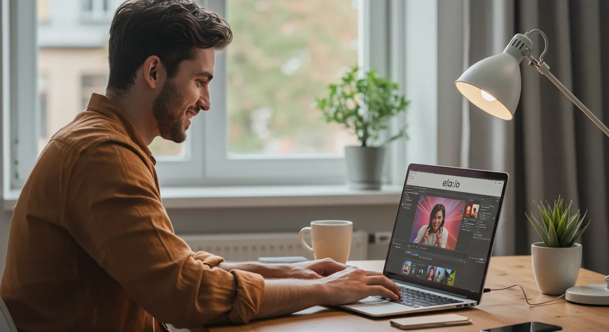 Homem trabalha em laptop com edição de vídeo aberta.