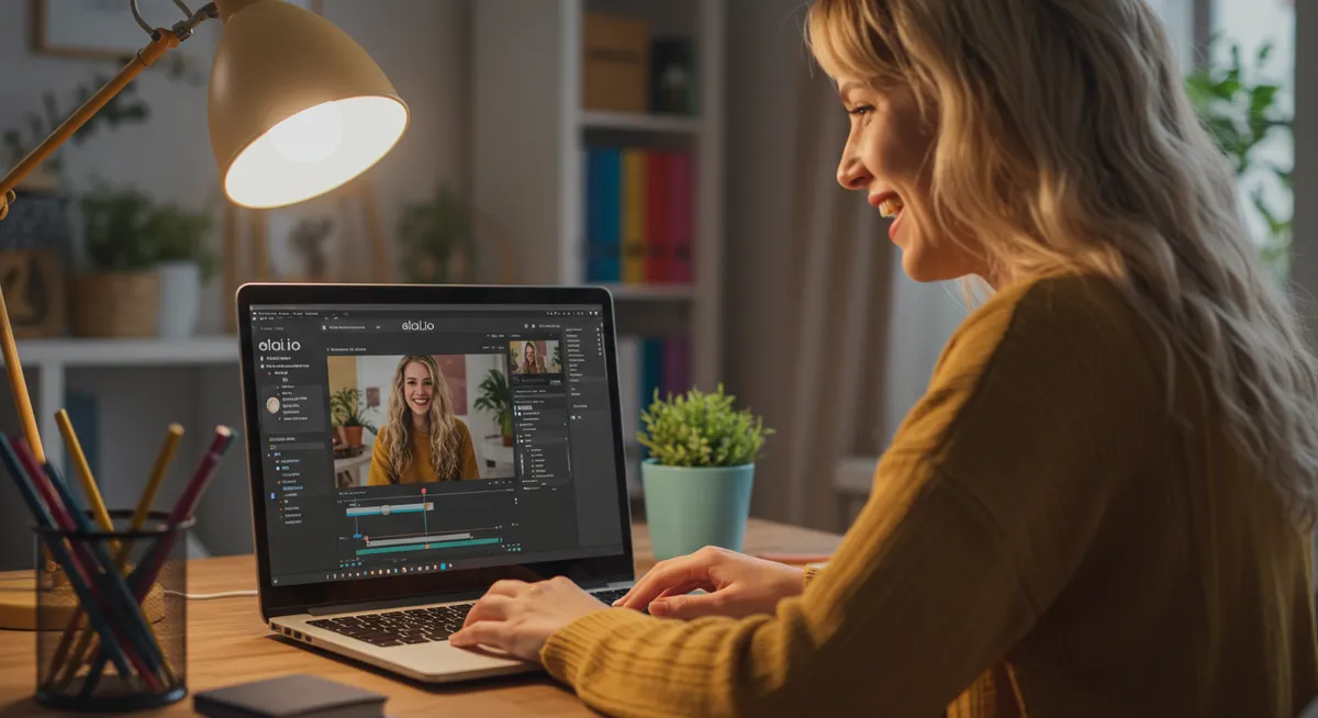 Mulher loira sorri enquanto edita vídeo em notebook.