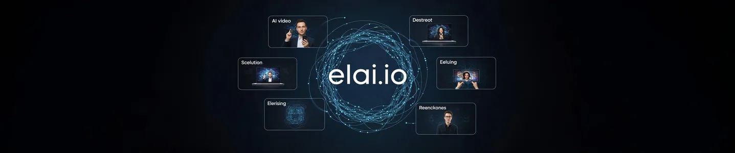 Logo da plataforma elai.io com elementos digitais futuristas.