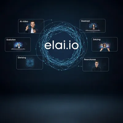 Marca elai.io em destaque com design tecnológico azul.