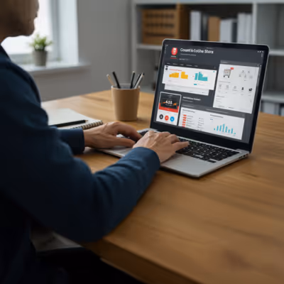 Pessoa usando notebook com dashboards e gráficos