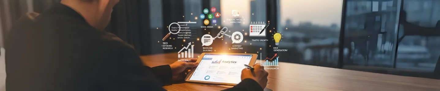 Profissional analisa marketing digital em tablet com ícones