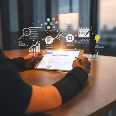 Tablet mostra gráficos e ícones de estratégias digitais