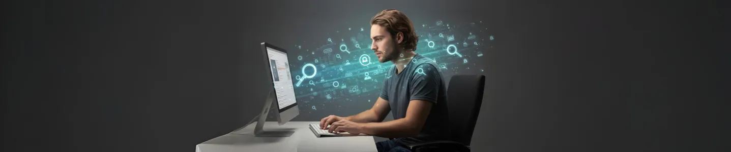 Homem digitando em computador com ícones digitais flutuando